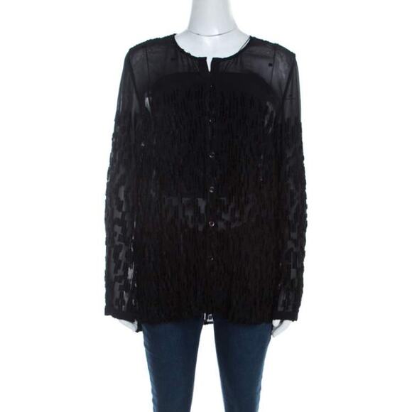 Escada Black Velvet Dobby Sheer Crepe Button Front Blouse Size 42/L - Picture 1 of 7